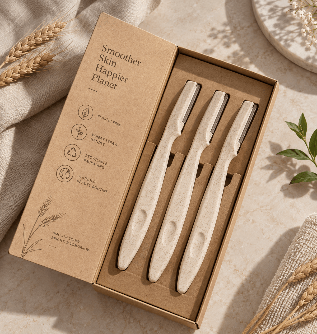 Three facial grooming tools with light wood handles and dark metal blades are displayed inside an open kraft paper box. The box lid is shown beside it with printed text and icons, and the scene is styled with linen fabric, wheat stalks, and small green leaves on a light stone surface.