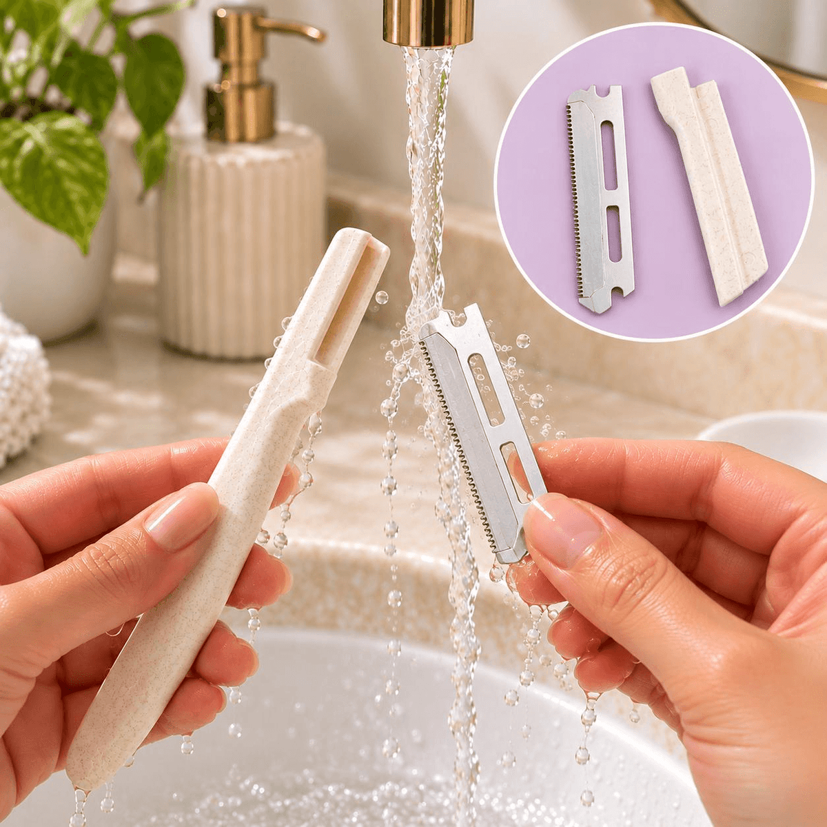 A hand holds a beige facial razor under running water in a bathroom sink, with toiletries and a plant in the background.
