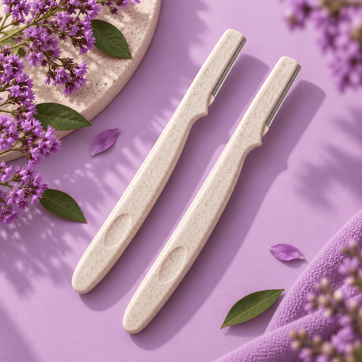 Two cream-colored electric facial razors with a textured, speckled finish, arranged diagonally on a lavender purple background with decorative purple flowers and green leaves.