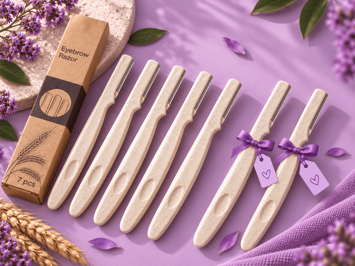 Girlies Glow pack of 7 eco-friendly wheat straw facial razors with cream-colored curved handles, stainless steel blades and biodegradable packaging.